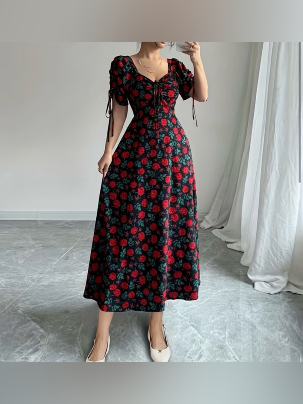 Floral Lace-Up Midi Dress in Black with Red Roses